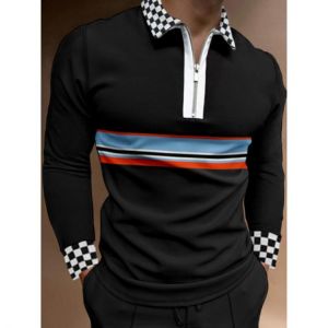 U.S Big Size New Mens Polos Shirts Foaming Printing Zipper Grid Long Sleeve Casual Polos Hommes Fashion Autumn Lapel Male Tops
