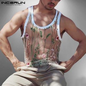 Men Tank Tops Mesh See Through Embroidered Sleeveless O Neck Breathable Streetwear Vests 2021 Sexy Casual Men Tops S-5XL INCERUN