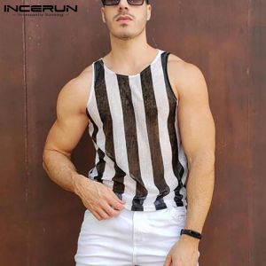 INCERUN Men Mesh Tank Tops Striped Transparent Sexy Vests O Neck Sleeveless Streetwear 2021 Breathable Summer Casual Tops S-5XL