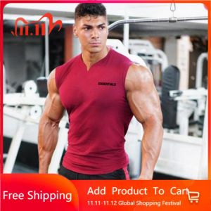 2021 Mens Running Clothing Sports Casual Workout Tank Top Muscle Gym Vest Bodybuilding Fitness Singlets Sleeveless V-Neck Shirt