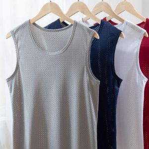 Men's Breathable Mesh Vest Mens Ice Silk Quick-drying Crew Neck Hollow Sleeveless Vest Wide Shoulder Waistcoat Fitness Slim M