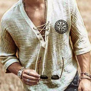 Plus Size Men's Tee Shirt Solid Tops Pullover V Neck Lace-up Loose Top Summer Holiday Beach Casual Half Sleeve Tops Linen Top