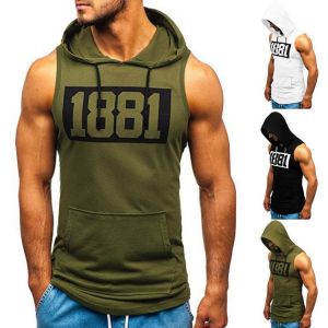 Sports Men's Clothing Men Fitness Muscle Print Sleeveless Hooded Bodybuilding Pocket Tight-drying Tops High Quality Hot Sale#