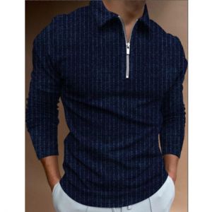 New Men Long Sleeve Polo Shirts Casual Loose Turn Ddown Collar Zipper Tops 2021 Autumn Fashion Streetwear Men Striped Polo Shirt