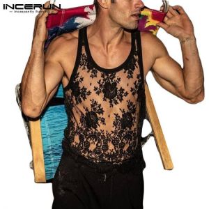 INCERUN Men Mesh Tank Tops Lace See Through Streetwear O Neck Sleeveless Sexy Vests 2021 Summer Breathable Mens Clothing S-5XL