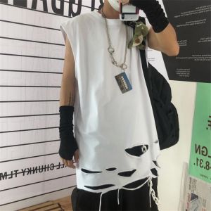 Summer men black white gray ripped destroyed hole punk tank top hip hop street vest men's vintage sleeveless shirt