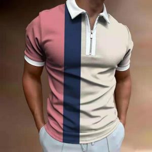 2021 New fashion Men's Polo shirt with Striped Stitching print Short sleeve Business casual lapel zipper Summer Polo men'