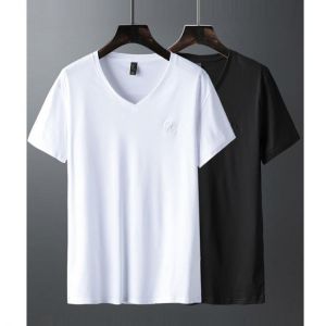 Brand Luxury V Neck Ice Silk T Shirt Men 100% Pima Cotton Mercerized Short Sleeve T-Shirt R Embroidery Solid Color Summer Top