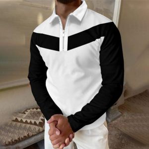 Autumn New High Quality Men Polo Shirts Patchwork Striped Casual Long Sleeve Mens Shirts Turn-Down Collar Zipper Polo Shirt Men