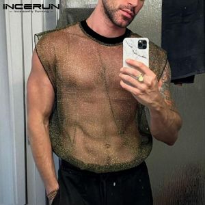 Men Tank Tops Mesh See Through Shiny Streetwear O Neck Sleeveless Vests 2021 Sexy Party Nightclub Men Clothing INCERUN S-5XL