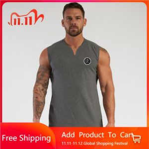 2021 New Mens Training Sports Casual Workout Tank Top Muscle Gym Clothing Bodybuilding Fitness Singlets Sleeveless V-Neck Vest