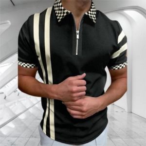 Men's Polo Shirts Short Sleeve Summer 2021 Casual Turn-down Collar Zipper Patchwork Daily Short Sleeve Tops Men's Street