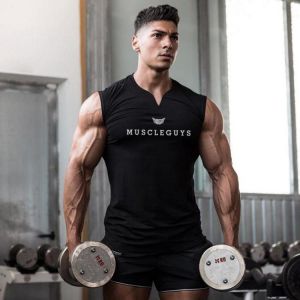 Muscleguys Brand Gym Clothing V Neck Compression Sleeveless Shirt Fitness Mens Tank Top Cotton Bodybuilding Tanktop Workout Vest
