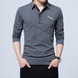 New Style Spring Autumn Fashion Business Casual Long-Sleeved Turn-Down Collar Korean Slim Cotton Men Creases Culture T-Shirt