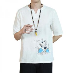 2021 Hanfu Men Crane Embroidery T-shirt Summer Chinese Style Orient Tang Black White Brown Loose Cotton Linen Tshirt Han Fu Tops