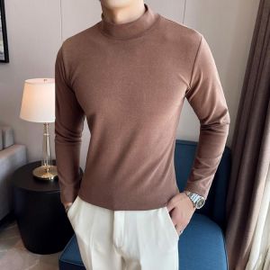 2022 New Spring Men's High Neck T-shirt Long Sleeve Velour Top England Style Casual Slim Fit Basic Tees Solid Clothing