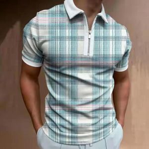 2021 Summer Chic Plaid Casual Mens Short Sleeve Polo Shirts Patchwork Turn-Down Collar Zipper Design Men Print Tops Pullovers