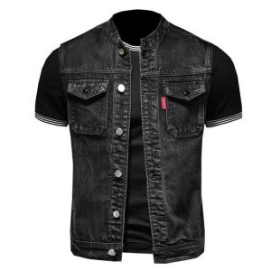 New Retro Jean Jacket Men's Denim Vest Coats Slim Black Stand Collar Sleeveless Motorcycle Style Waistcoat Coat Cowboy Brand
