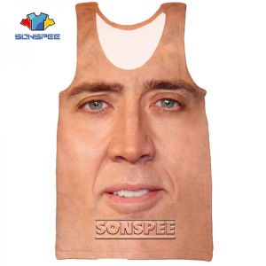 SONSPEE 3D Print Nicolas Cage Face Summer Beach Sea Men's Vest Casual Funny Laughing Bodybuilding Gym Muscle Sleeveless Tank 