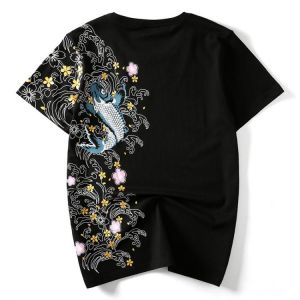 Summer Chinese Style Carp Ethnic Embroidery T-Shirt Personality Tide Loose Large Size Round Neck Short-Sleeved Male Cotton Tops