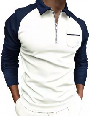 Autumn Men Slim Polo Shirt Fashion Patchwork Pocket Long Sleeve Tops streetwear Casual Male Zipper Turn-down Collar Polo Shirt