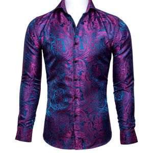 Barry.Wang Luxury Rose Red Paisley Silk Shirts Men Long Sleeve Casual Flower Shirts For Men Designer Fit Dress Shirt BCY-0029