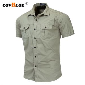 Fredd Marshall New Mens Military Shirt Men Short Sleeve Cargo Shirts 100% Cotton Casual Solid Male Pocket Work Shirt MCS093