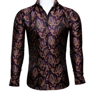 Barry.Wang Luxury Purple Paisley Silk Shirts Men Long Sleeve Casual Flower Shirts For Men Designer Fit Dress Shirt BCY-0027