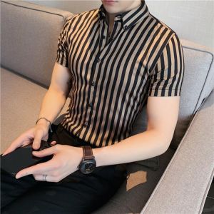 High Quality Summer Short Sleeve Striped Shirts For Men Clothing 2021 Simple Luxury Slim Fit Business Casual Formal Wear Blouses