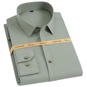 Men's Casual Stretchy Bamboo-fiber Long Sleeve Dress Shirts Pocketless Standard-fit Formal Business Work Office Easy Care Shi