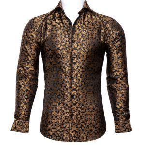 Barry.Wang Luxury Gold Floral Silk Shirts Men Long Sleeve Casual Brown Shirts For Men Designer Fit Dress Shirt BCY-0025