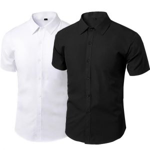 Summer Short Sleeve Dress Shirts Men Male Non-iron Workwear Slim Social Shirt White Black Branded Men's Clothing 5XL Vintage