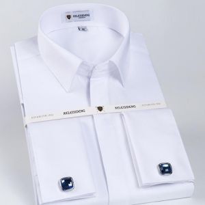 Men's Classic French Cuff Hidden Button Dress Shirt Long-sleeve Formal Business Standard-fit White Shirts (Cufflinks Included