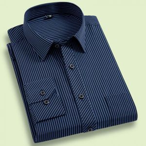 New Plus Size Mens Striped Dress Shirt Non-iron Formal Fashion Social Long Sleeve Business Work Smart Casual Shirt For Man