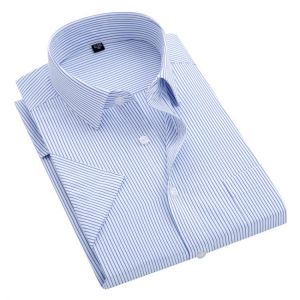 Summer S~8xl men's striped short sleeve dress shirt square collar non-iron regular fit anti-wrinkle  pocket  male social shir
