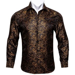 Barry.Wang Gold Paisley Bright Silk Shirts Men Autumn Long Sleeve Casual Flower Shirts For Men Designer Fit Dress Shirts BCY-07