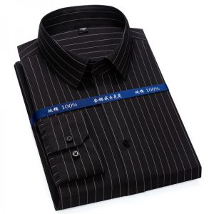Top Quality No Ironing 100% Cotton Mens Dress Shirt Long Sleeve Regular Fit Business Office Fashion Black Striped Formal