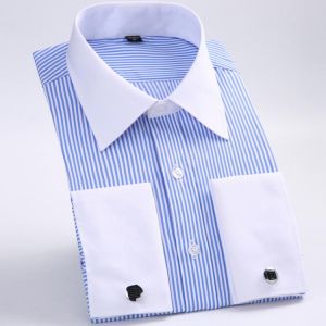 Men's Classic French Cuffs Striped Dress Shirt Single Patch Pocket Standard-fit Long Sleeve Wedding Shirts (Cufflink Included