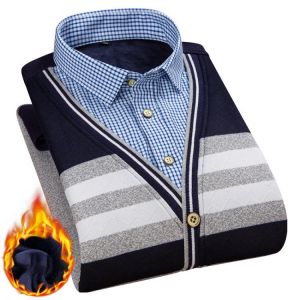 Autumn and winter men's plus fleece fake two warm shirts Youth business casual fashion sweater shirt Classic padded slim top 