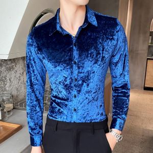 Luxury Royal Blue Velvet Shirt  Camisa Social Masculina Manga Longa Chemise Homme Manche Fall Winter  Elegant Dress Social Shirt