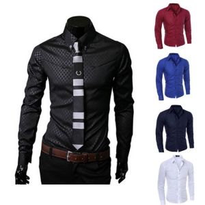 Mens Slim Fit Business Shirt Long Sleeve Dress Shirts Casual Cotton Shirt Tops Black White Red Navy Blue