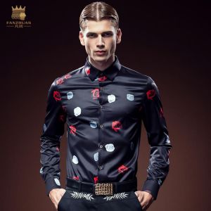 Free Shipping New fashion casual male men's personality Europe autumn slim non-ironing shirt 2093 Rose Print On Sale
