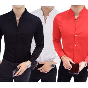 Fall Winter Stand Collar Mens Long-sleeved Dress Shirts Black Red White Slim Elegant Youth Male Business Wedding Formal Shirt