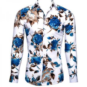 Hot Sale Luxury Blue Floral Shirt Men Slim Fit Long Sleeve Geometric Printing Men Club Prom Shirt S-3XL Barry.Wang Designer