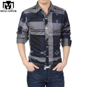 MIACAWOR Brand Shirt Men 100% Cotton Casual Shirts Slim Fit Men Plaid Shirt Long sleeves Camisa Hombre Camisa Masculina C006