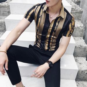 Mens Dress Shirts Luxury Gold Black Shirt 2020 Summer Short Sleeve Prom Party Shirt Stylish Gold Slim Shirts For Men