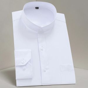Men's Long Sleeve Mao-collar (Mandarin Collar) Shirt Single Patch Pocket Smart Casual Standard-fit Business Office Dress Shir