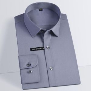 Men's Classic Long Sleeve Solid Basic Dress Shirt Pocket-less Design Regular-fit Non-iron Bamboo Fiber Business Stretch Shirt