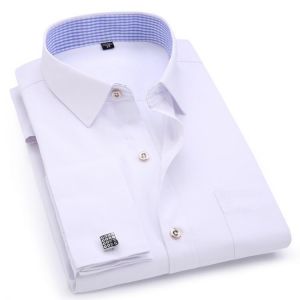 Men's Dress Shirts French Cuff Blue White Long Sleeved Business Casual Shirt Slim Fit Solid Color French Cufflinks Shirts For