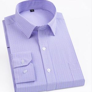 Anti-Wrinkle Men Work Shirts Regular Fit Long Sleeve Casual Dress Checkered Shirt Mens Purple Striped Clothing With Front Pocket